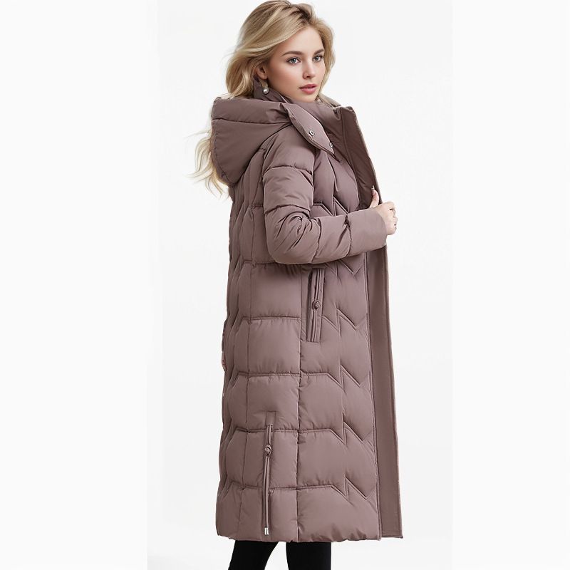 Extra Long Women's Puffer Coat - Oversized Winter Jacket With Hood, Knee-Length Warmth, Plus Size Friendly (Wine Red, Khaki, Dusty Pink, Black)_voghion.com