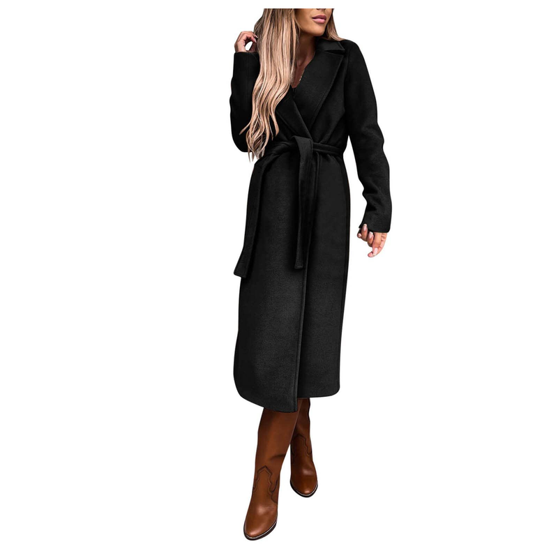 Autumn and winter women's solid color lapel long-sleeved woolen jacket simple strappy windbreaker_voghion.com