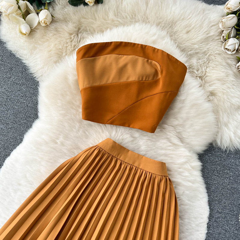 Women's Summer Contrasting Color Tube Top, Irregular Pleated Skirt, Trendy_voghion.com