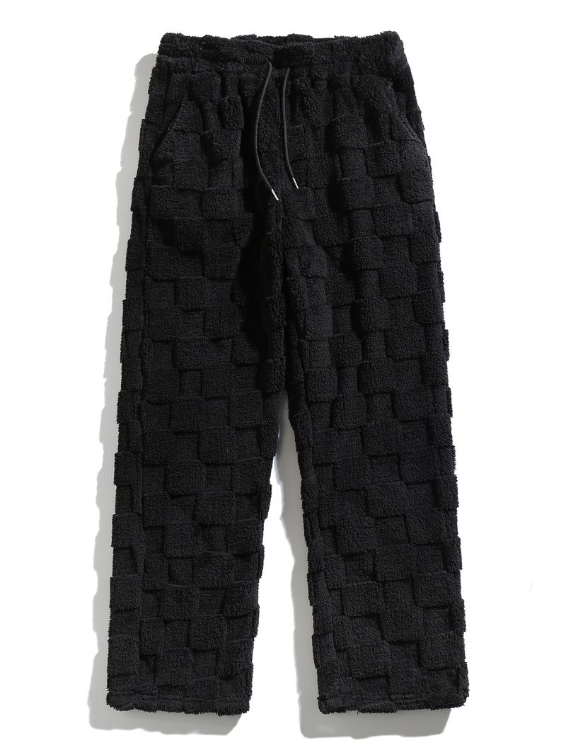 Pantaloni casual da uomo con fodera in pile scozzese - Pantaloni invernali caldi a gamba dritta con cintura, elastico in vita e tasche (bianco, grigio, nero)_voghion.com