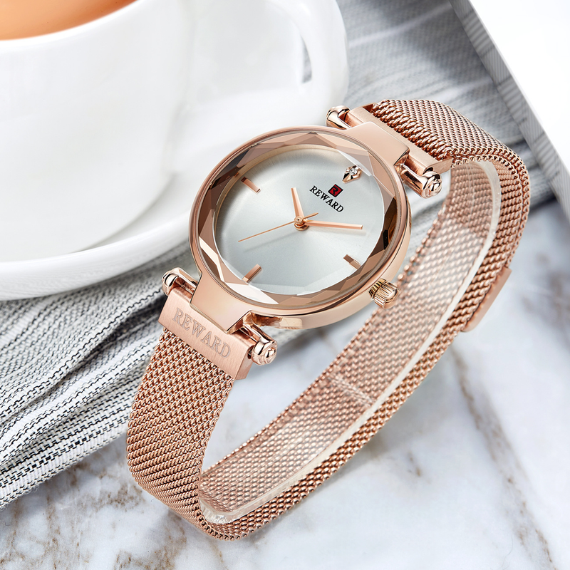 Reloj de mujer REWARD 63096L con correa de hebilla magnética, reloj de cuarzo resistente al agua a la moda, reloj con correa de malla_voghion.com