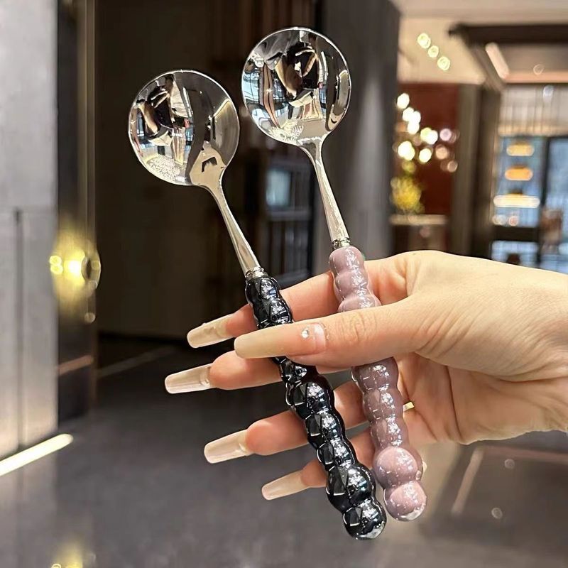 Cucchiaio rotondo con manico lungo, piccolo, per zuppa, per ragazze, in acciaio inossidabile e plastica, per uso domestico, per mangiare_voghion.com