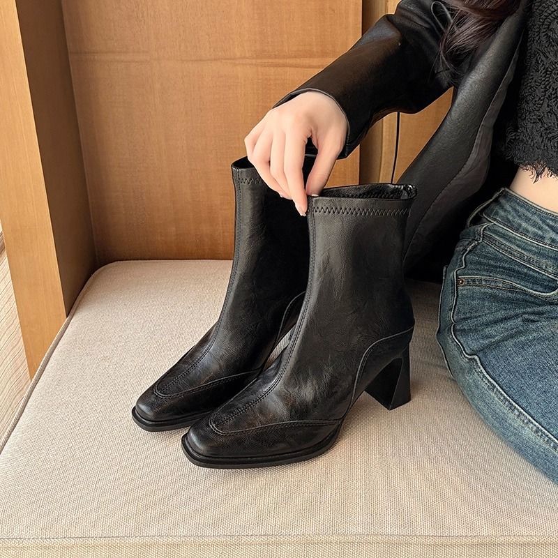 Sheepskin Version~ High Short 2025 Autumn New Style Square Toe Chunky Heel French Slim Boots For Women_voghion.com