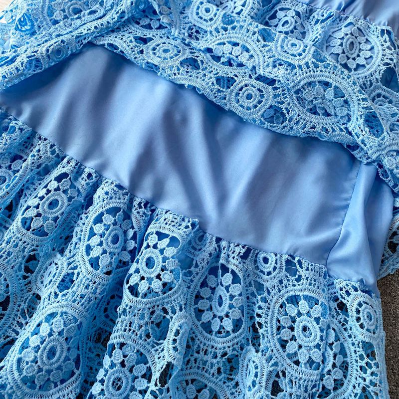 Zachte blauwe getailleerde top met pofmouwen + hoge taille slanke kanten cakerok, tweedelige set_voghion.com