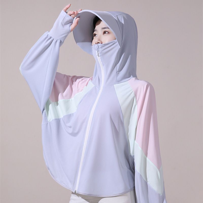 Farbblockjacke für Damen, dünner Sommermantel aus Eisseide mit Kapuze, hochwertige Sonnenschutzkleidung in Übergröße_voghion.com