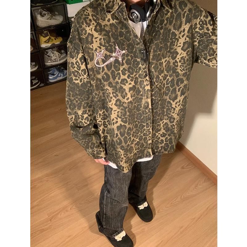 Chemise en jean délavé à imprimé léopard pour homme, tendance printemps et début d'automne 2024_voghion.com