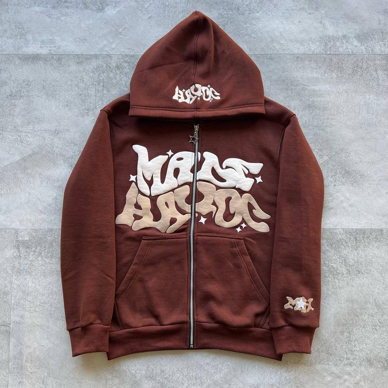 Herretøj street hiphop skum bogstavprint cardigan lynlås hættetrøje ungdom fritidstrøje_voghion.com