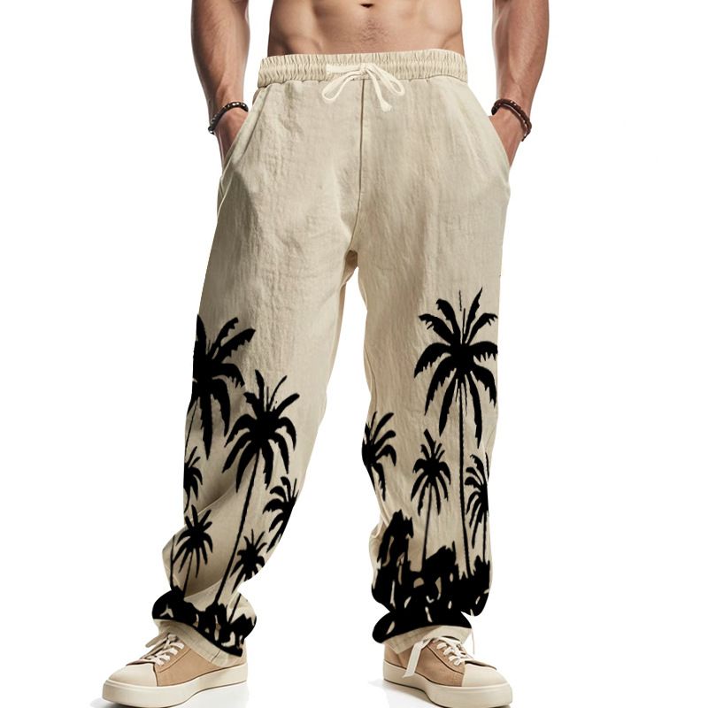 Men's Four Seasons Loose Breathable Hawaiian Print Cotton Linen Casual Sports Pants_voghion.com