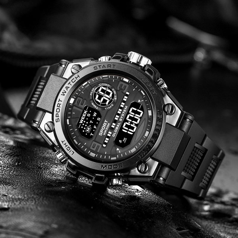 Reloj digital LED multifunción para hombre, deportivo, negro, para niños y estudiantes, resistente al agua, luminoso, despertador, electrónico._voghion.com