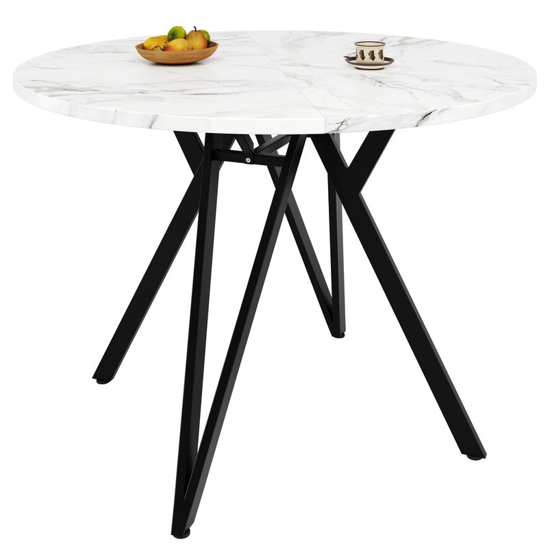 5-teiliges Esstisch-Set Mit Runder Tischplatte (Ø100 Cm), Schwarze Metallbeine, MDF-Marmoroptik, Graue Leinenstühle_voghion.com