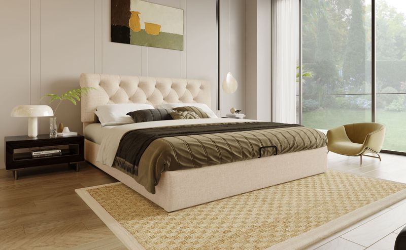 Cadre de lit king size rembourré hydraulique réglable 160 x 200 cm avec lattes métalliques, lit coffre moderne avec tête de lit réglable, design naturel, matelas non inclus_voghion.com