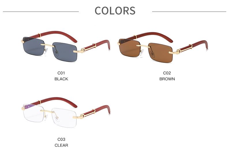 Occhiali da sole rettangolari senza montatura alla moda da donna, occhiali da vista quadrati vintage, design retrò, montatura in legno, occhiali da sole sfumati_voghion.com