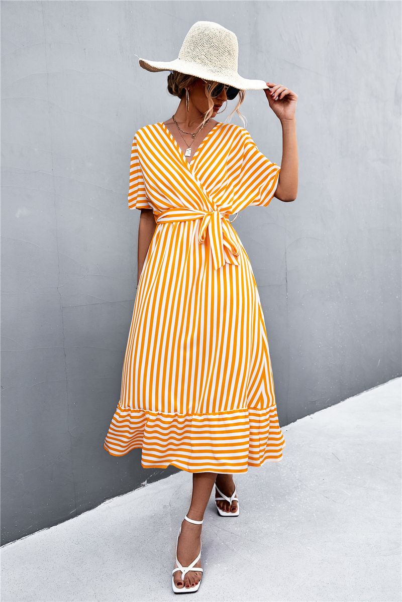 2023 Spring/Summer New Classic Cross V-Neck Strap Stripe Dress_voghion.com