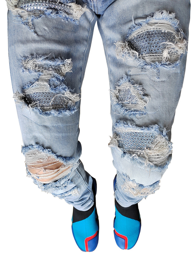 Men's Jeans Summer Thin Pants Straight Blue Jean Fashion FOG Style Hot Drilled Perforated Personalized Slim Fit Elastic_voghion.com