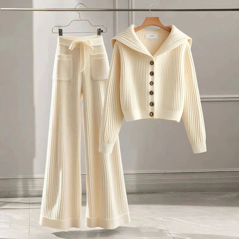 Dameskleding Elegante lente gebreide set Zachte en stijlvolle high-waist broek met bijpassende gebreide top, casual en comfortabele outfit voor dagelijks gebruik_voghion.com