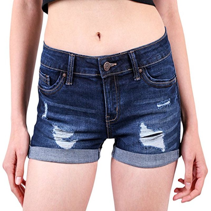 Pantaloni corti strappati alla moda da donna, con orlo bianco, elastici, vita alta, aderenti, in denim_voghion.com