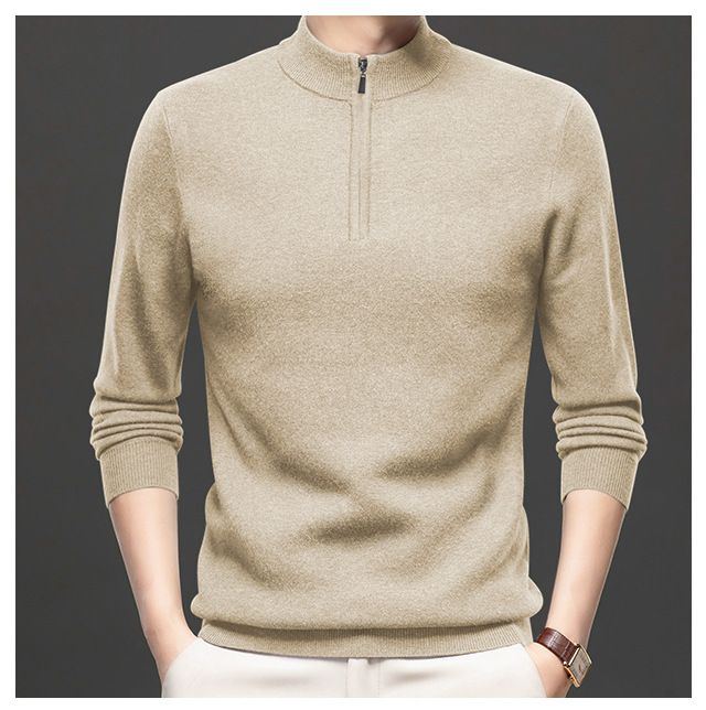 Maglione lavorato a maglia da uomo, nuovo, autunno inverno, collo alto, tinta unita, mezza cerniera, versatile, base, maglietta_voghion.com