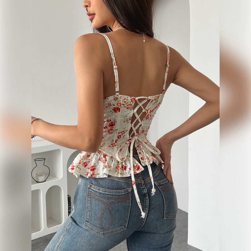 Women's Clothing Spring And Summer Floral Irregular Lotus Leaf Light Slim New Sexy Backless Lace Up Chest Wrap_voghion.com