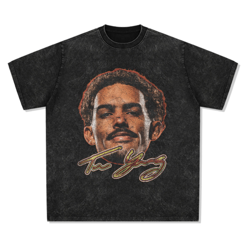 American Style Trae Young Big Head Print Short Sleeve T-Shirt Round Neck Versatile Loose Trendy_voghion.com