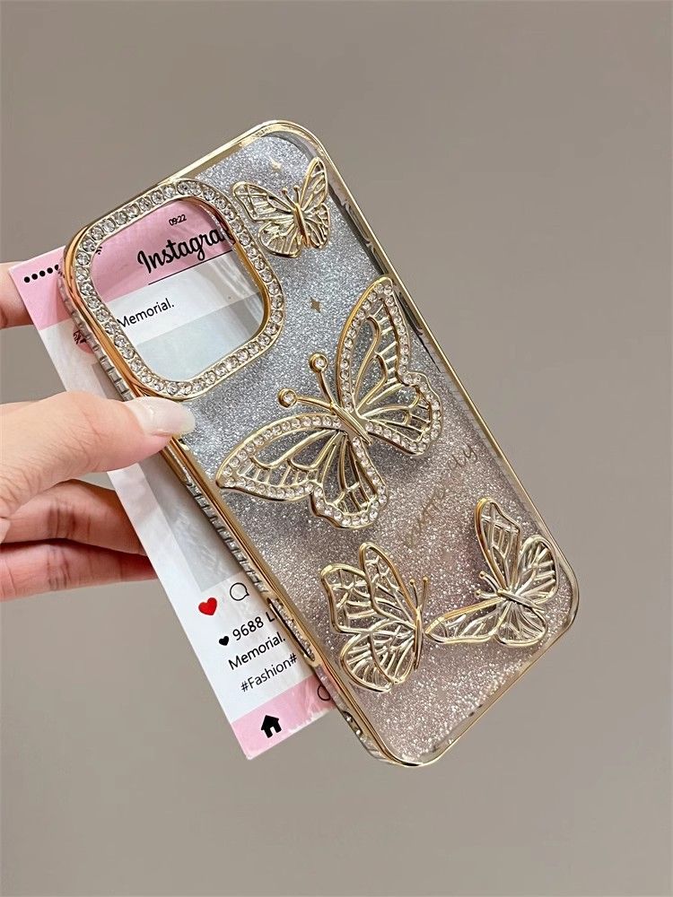 TechGlobe Gradient Glitter 3D Butterfly Case For 17 Pro Max IPhone 15 Diamond-Encrusted 14 Internet Celebrity_voghion.com