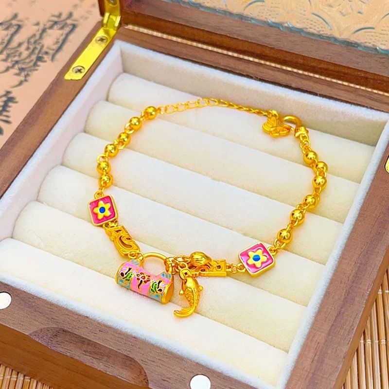 Gold shop same style sand gold burning blue enamel flower lock package koi round bead bracelet new Chinese style bracelet for girlfriend gift_voghion.com