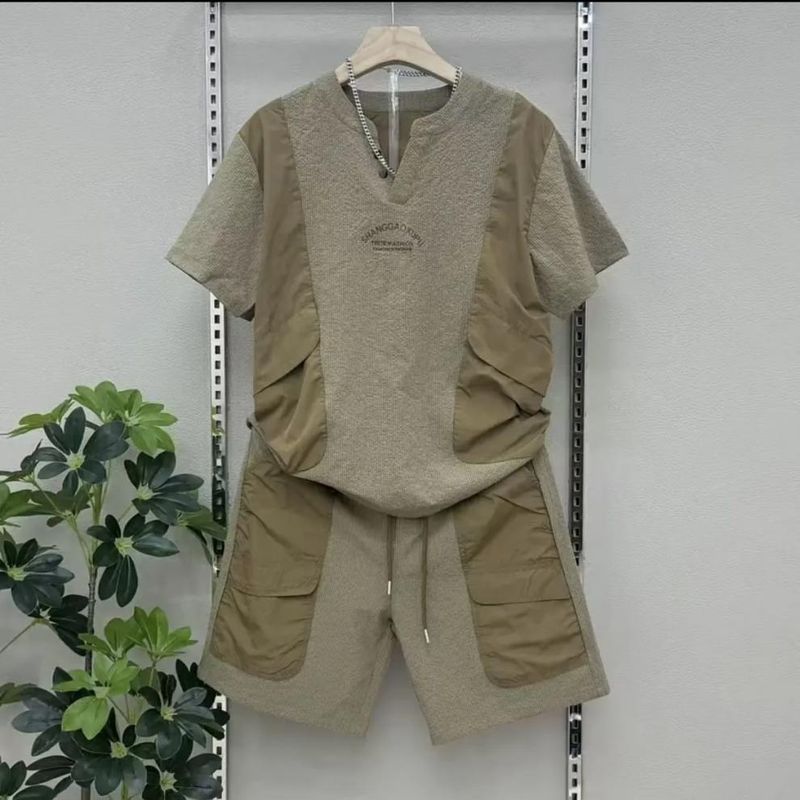 Lässiges zweiteiliges Set für Herrenbekleidung mit kurzärmligem Oberteil und Arbeitshose, passendes Unisex-Outfit für den täglichen Gebrauch im Freien (erhältlich in Braun und Schwarz)_voghion.com