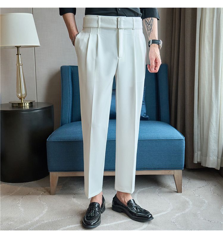 Neue Produktempfehlung Herren Freizeithose Gürtel dekoratives Design Hautstruktur Plisseehose Neapolitanische Hose_voghion.com