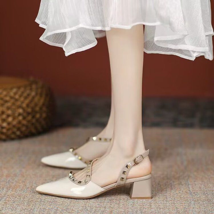 Women's 2025 Summer New Rivet High End Niche French Pointed Toe Thick Heel High Heels_voghion.com