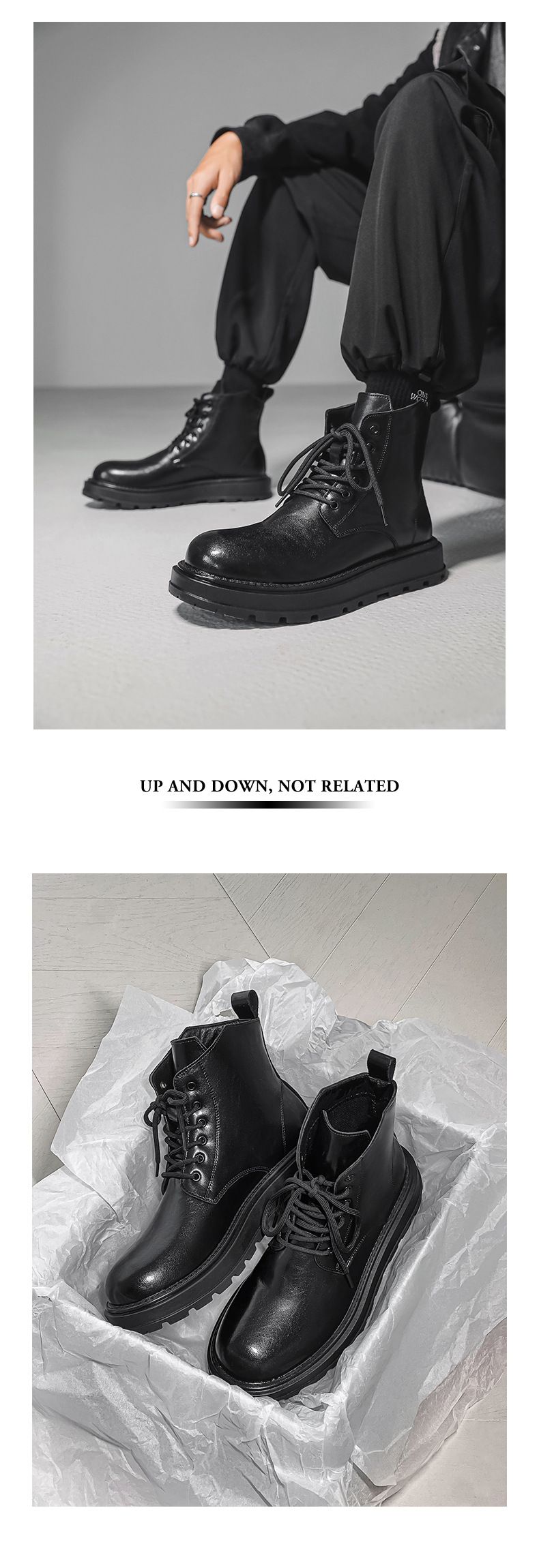 Retro Martin Boots Lace-up Locomotive Tooling Boots Thick-soled High-top Leather Shoes Black Short Boots_voghion.com