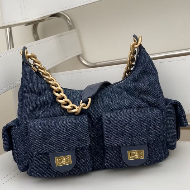 Borsa a tracolla alla moda da donna con tracolla a catena, borsa a tracolla in denim multitasche per l'uso quotidiano, pochette Oxford lavabile alla moda_voghion.com