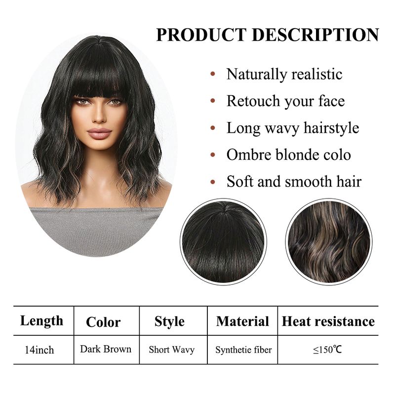 Gemischte goldene, schwarze und braune synthetische gewellte Bob-Perücke mit Pony, kurze, lockige Perücken für Frauen, hitzebeständig, für Cosplay-Partys, natürliches Haar_voghion.com
