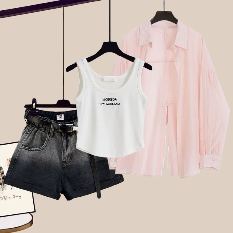 Vêtements pour femmes, chemise rose fine à manches longues, protection solaire pour femmes, nouveau gilet slim d'été, bretelles, short en jean_voghion.com
