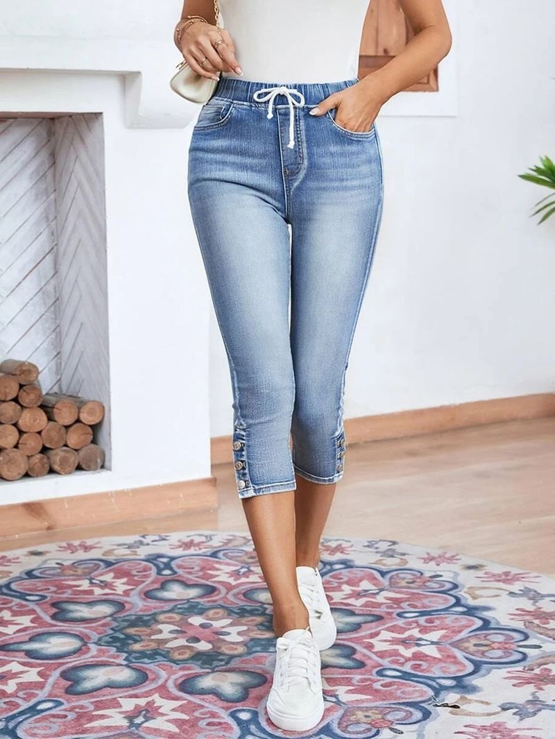 Jeans elasticizzati con coulisse e vita elastica 2025s, pantaloni corti da donna_voghion.com