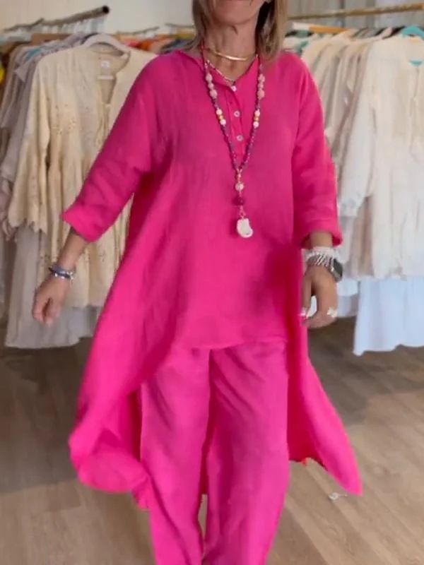 Women's Casual Linen Long Sleeve Two-Piece Set – Breathable Cotton Blend, Loose Fit, Plus Size Available (S-5XL)_voghion.com