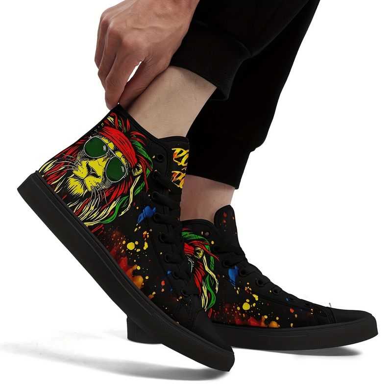 Baskets montantes pour homme motif lion avec lunettes : toile résistante, lacets confortables et antidérapants. Pour l'extérieur, la marche, le jogging et les voyages. Toutes saisons._voghion.com