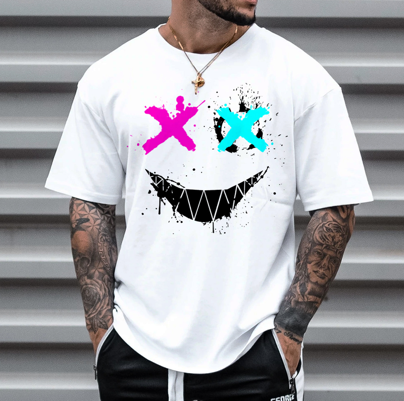 Erkek Büyük Beden Moda Smiley Baskı Kısa Kollu Tişört Günlük Yuvarlak Yaka Üstler_voghion.com