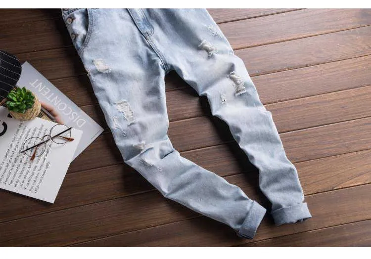 Jeans Men's light blue slim snow washed denim bib overalls for tall big Plus size hole ripped suspenders jumpsuits Cargo_voghion.com