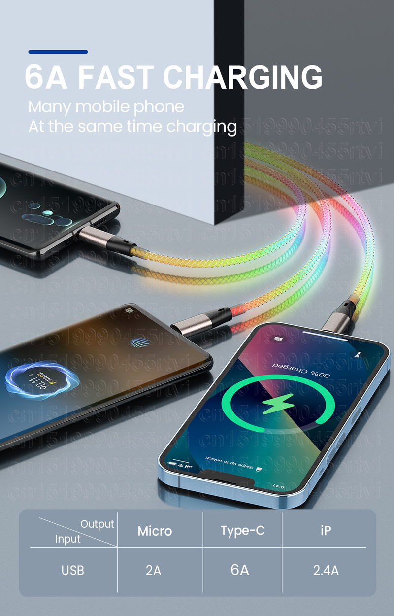 Câble de chargement rapide USB lumineux 3 en 1 2 en 1 6A, câble de chargement Micro USB type-c à 8 broches pour Huawei et iPh_voghion.com