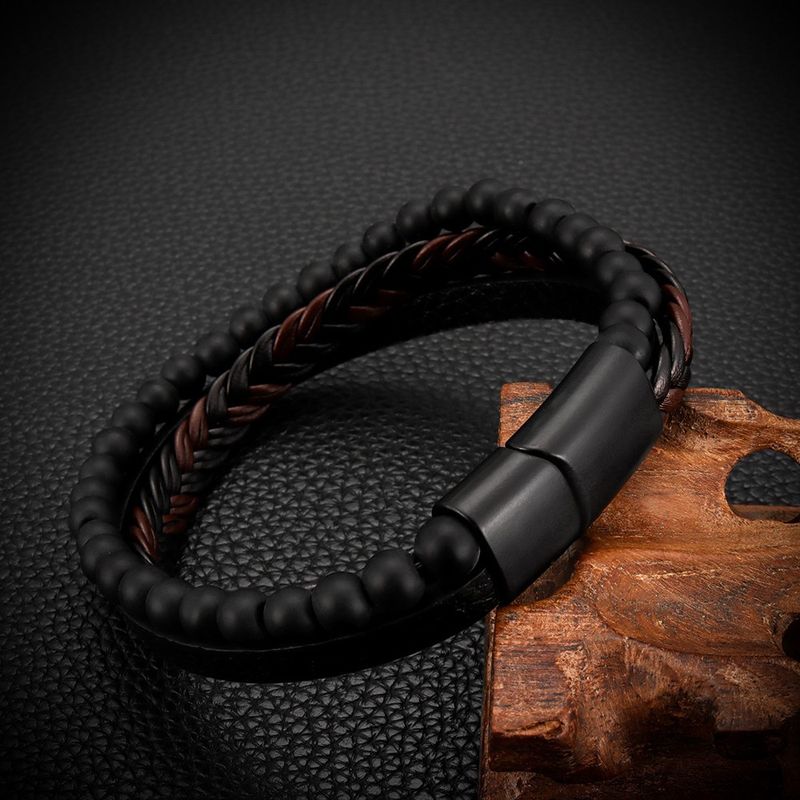Natural Volcanic Stone Multi-layer Men's Leather Woven Bracelet_voghion.com