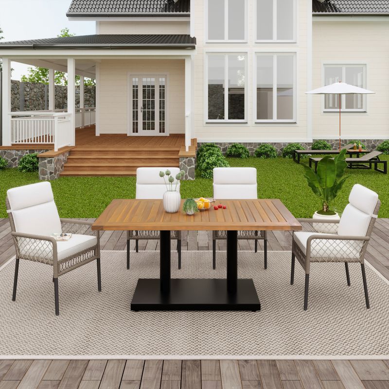 Ensemble de salle à manger d'extérieur 5 pièces pour 4 personnes, table en acacia massif, chaises en rotin synthétique, pour jardin et terrasse_voghion.com