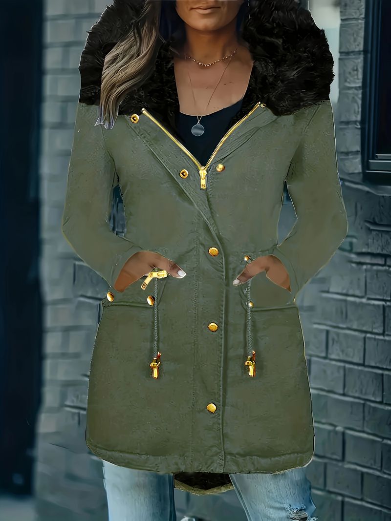 Zip-up Button Front Parka Thermal Long Sleeve Fur Trim Hooded Drawstring Winter Coat, Women's Clothing_voghion.com