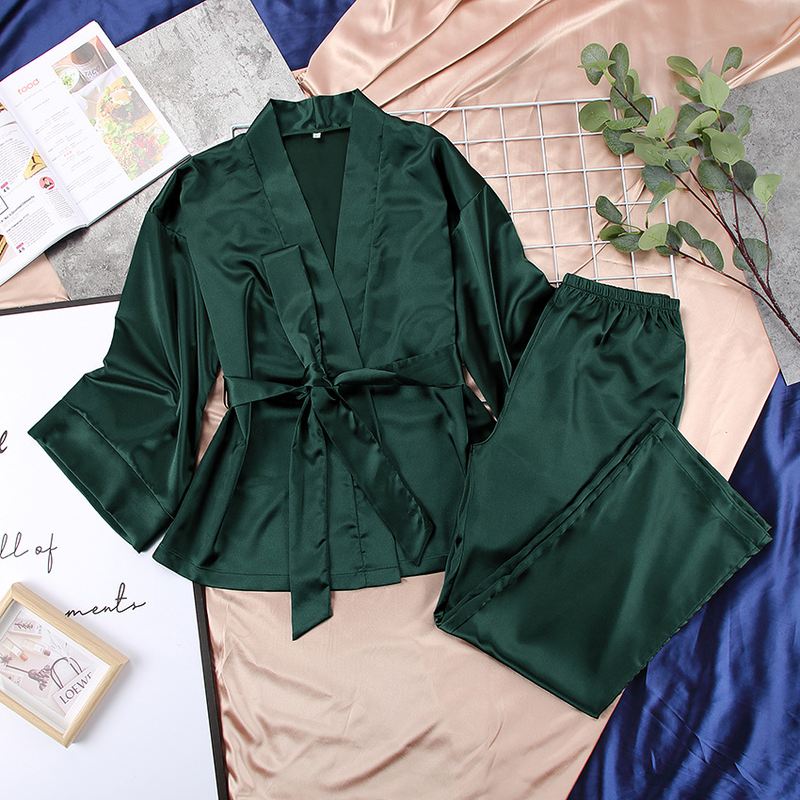 Cardigã de cetim feminino com renda, camisola e pijama de cor sólida, conjunto solto para casa_voghion.com