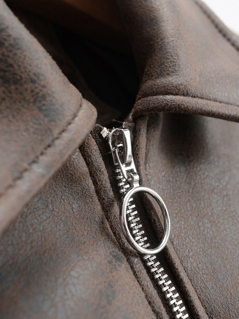 Chic Faux Leather Bomber Jacket – Classic Aviator Style With Zip-Up Closure & Notched Collar_voghion.com