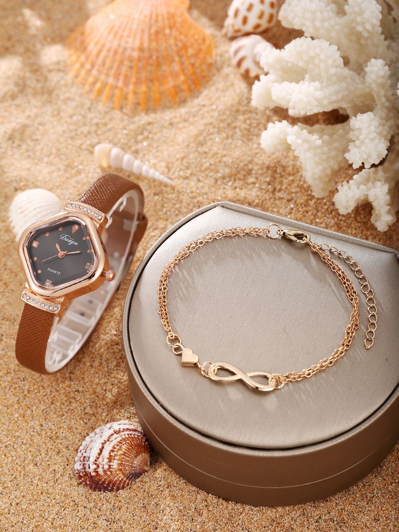 Damenuhr und Schmuckset, zartes süßes quadratisches Zifferblatt, Gürteluhr, Perlenarmband, Legierung, Schmetterlingsschmuckset_voghion.com