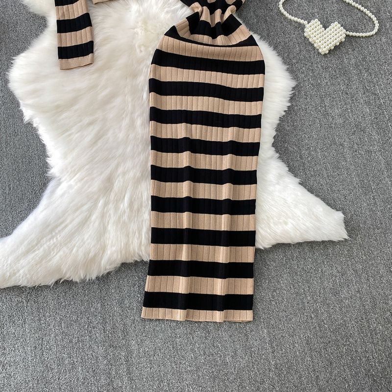 Abito da donna alla moda, con scollo a V, a maniche lunghe, in maglia, con giacca corta, a righe, snellente, con bretelle_voghion.com