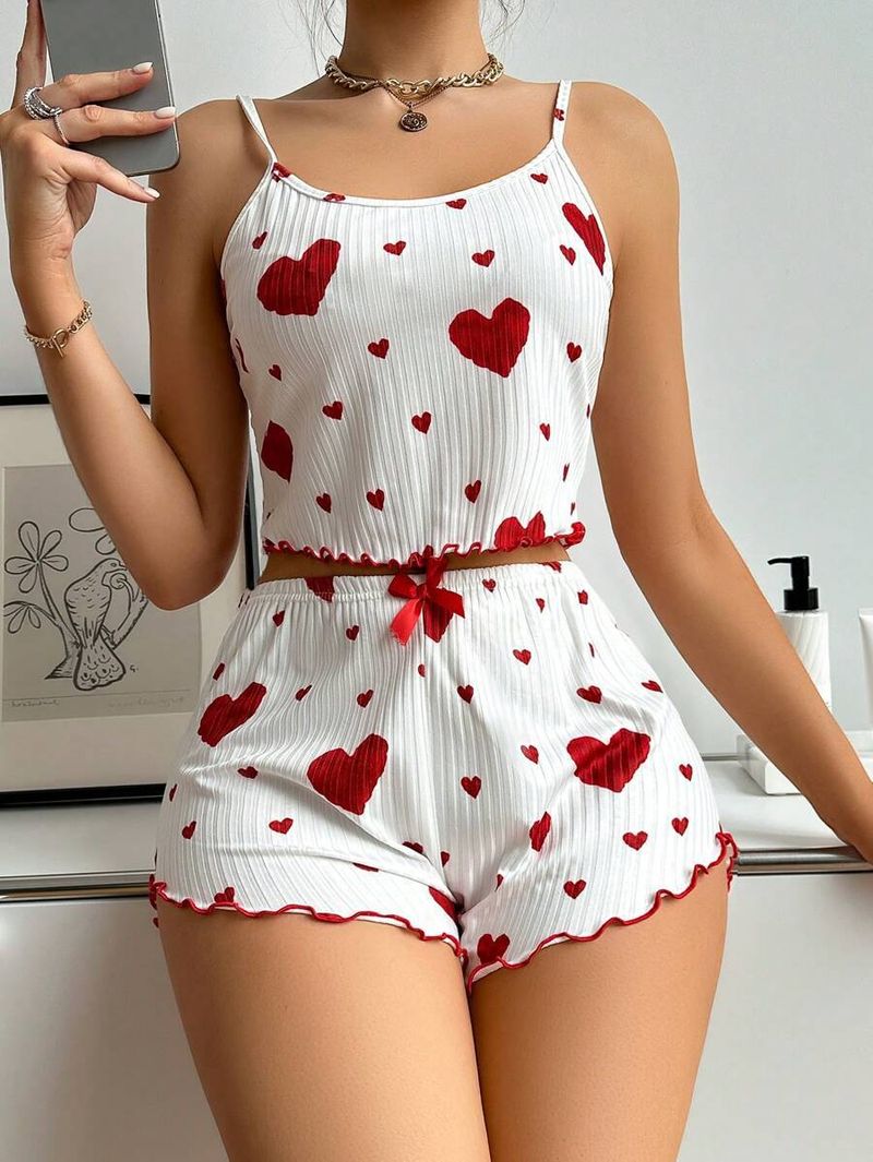 Damen-Hauskleidung mit Hosenträger-Shorts mit Liebes-Print, lässige Achselstreifen können draußen getragen werden, Damen-Pyjamas_voghion.com