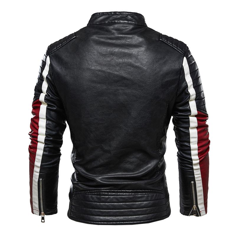 Suitable For All Seasons Fleece-Lined Men's Outerwear Youth Motorcycle Double Color Block Fashion Leather Jacket Men_voghion.com