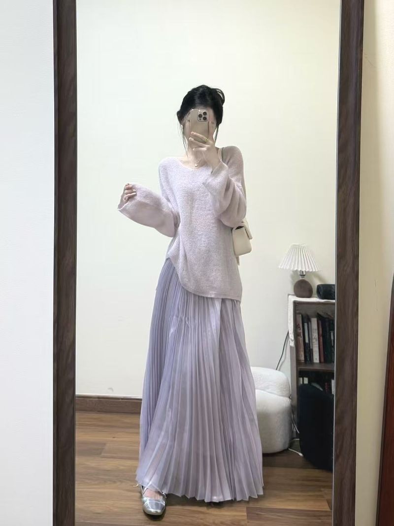 Pull en mohair à col V pour femme, coupe ample et flatteuse, manches longues, idéal pour le printemps._voghion.com