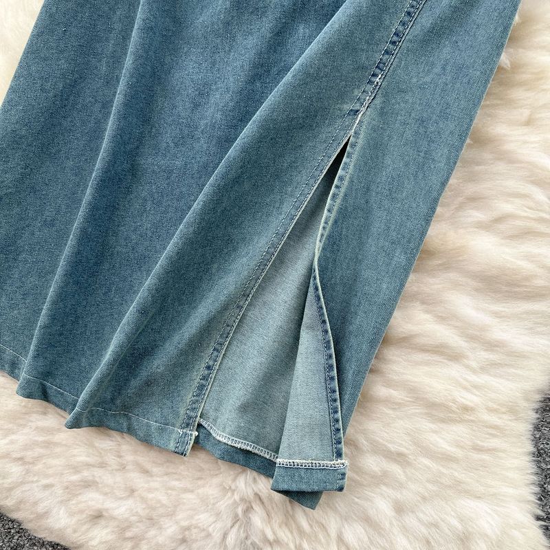 Abito estivo da donna in denim con spacco sottile, stile maturo, stile retrò, con scollo a V e maniche corte, in pizzo, con gonna lunga_voghion.com