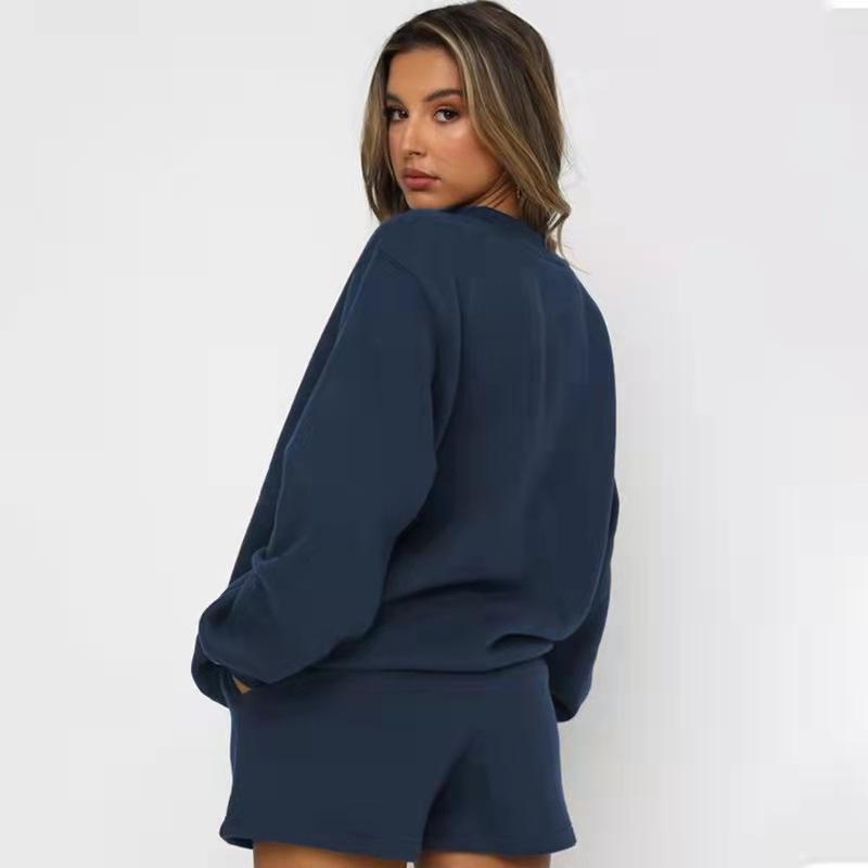 Women's fashion casual printed shorts two-piece set plus fleece long-sleeved hoodie set_voghion.com